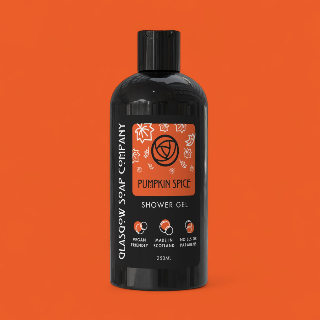 pumpkin spice vegan shower gel in recyclable bottle