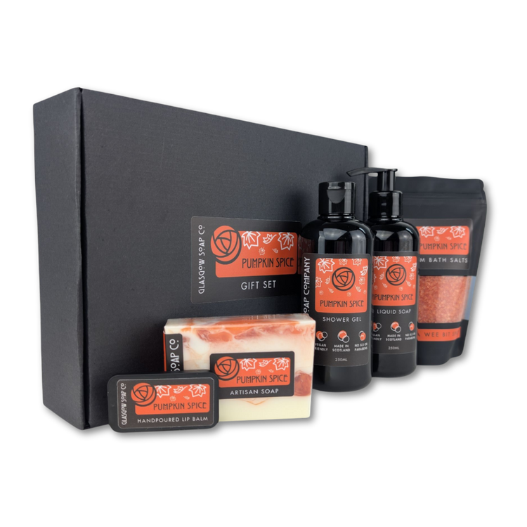 pumpkin spice bath and body gift set includins handmade soap. lip balm, shower gel, liquid soap and epsom bath salts