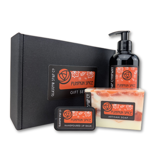 Glasgow Soap Co. Pumpkin Spice gift set with soap, liquid soap, and lip balm on a white background