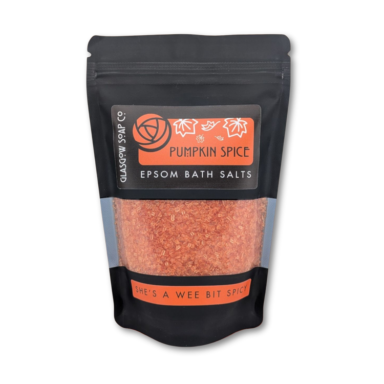 Pack of Pumpkin Spice Epsom Bath Salts with visible branding on a white background