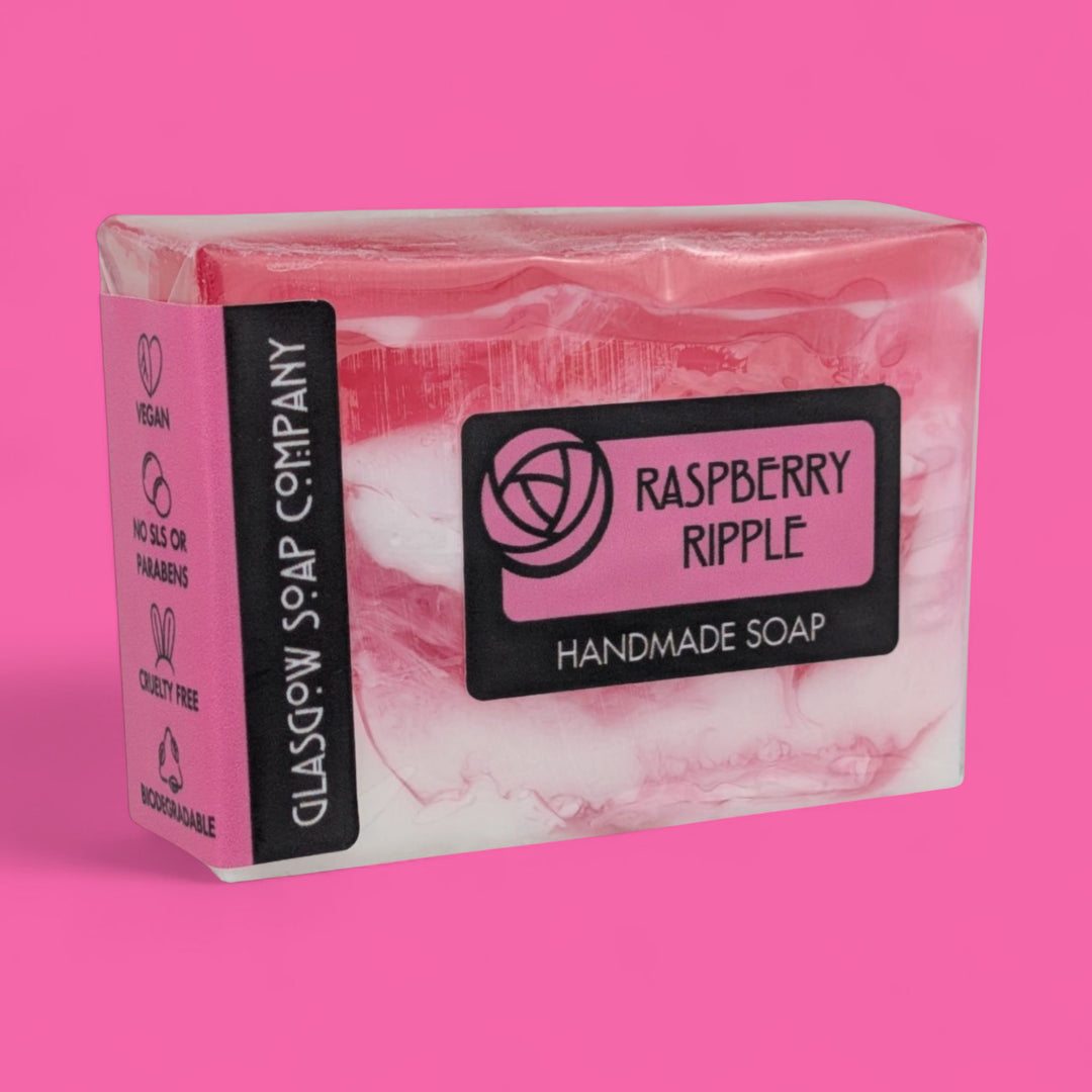 raspberry ripple handmade vegan soap from glasgow soap company