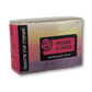 Handmade soap bar with 'Rhubarb & Ginger' label on a white background