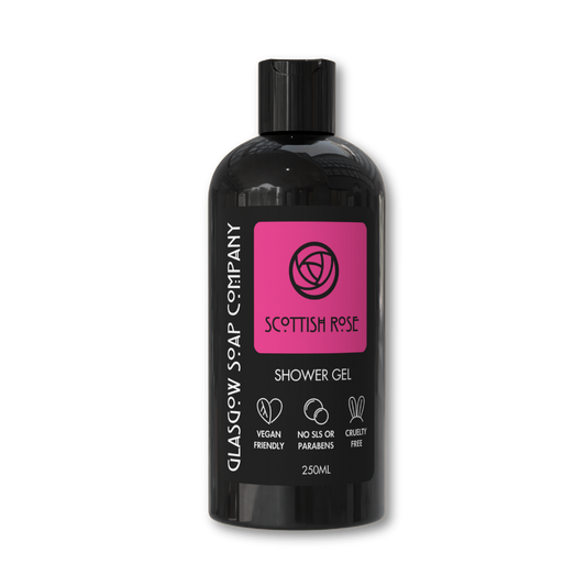 Bottle of Scottish Rose shower gel from Glasgow Soap Company on a white background