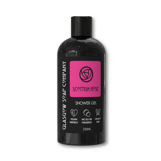 Bottle of Scottish Rose shower gel from Glasgow Soap Company on a white background