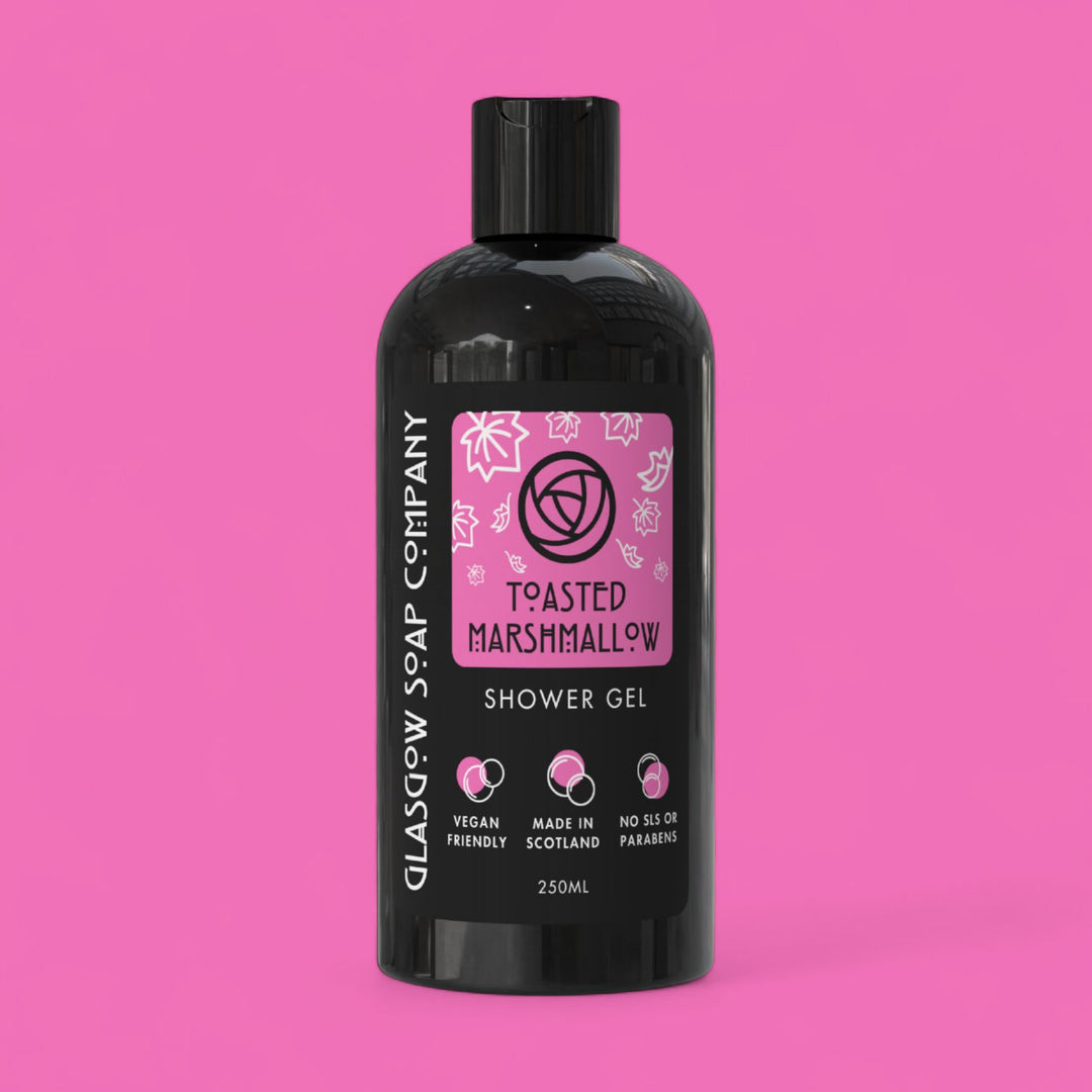 toasted marshmallow vegan shower gel in recyclable bottle