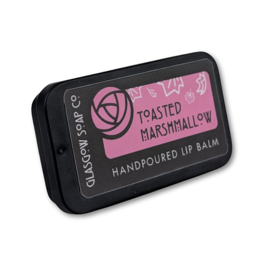 Handpoured lip balm packaging with 'Toasted Marshmallow' flavor on a white background