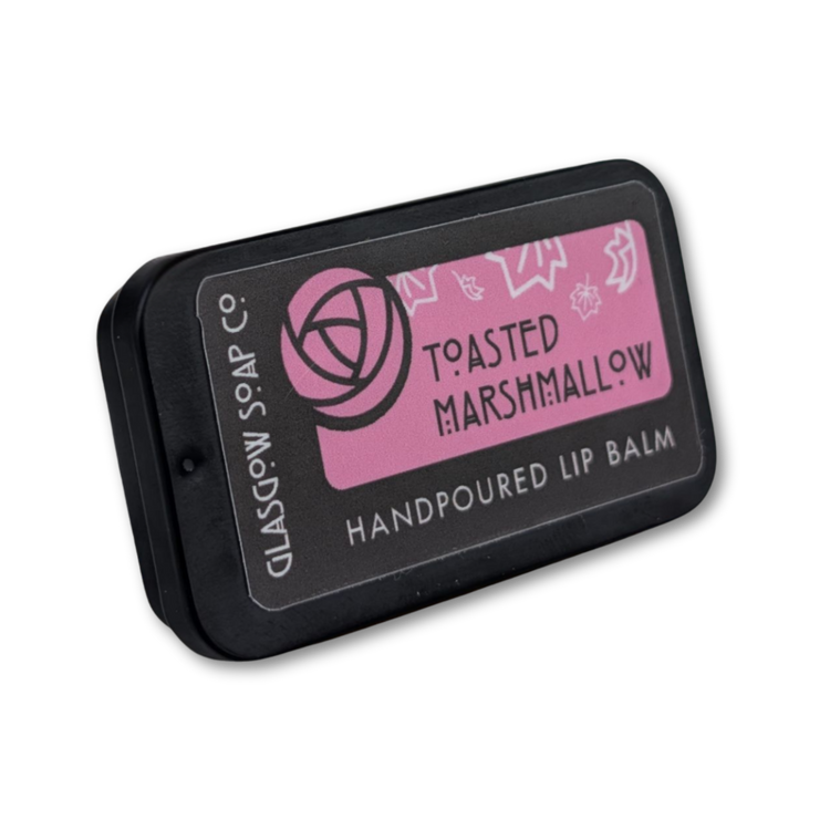 Handpoured lip balm packaging with 'Toasted Marshmallow' flavor on a white background