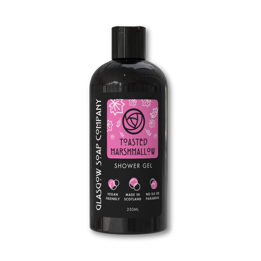 Bottle of Glasgow Soap Company shower gel with pink label on a white background