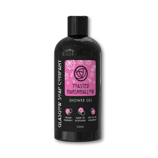 Bottle of Glasgow Soap Company shower gel with pink label on a white background