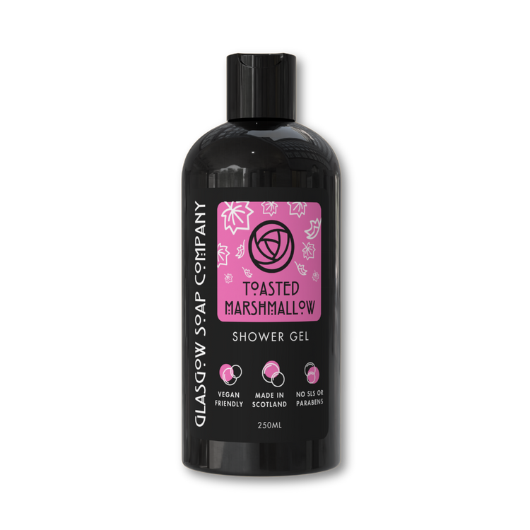 Bottle of Glasgow Soap Company shower gel with pink label on a white background