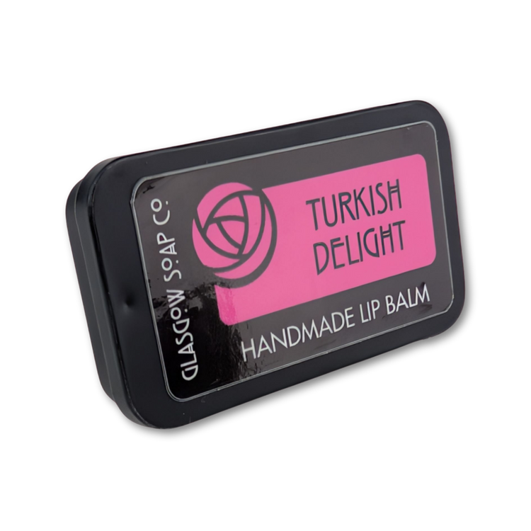 Handmade lip balm packaging with 'Turkish Delight' flavor on a white background