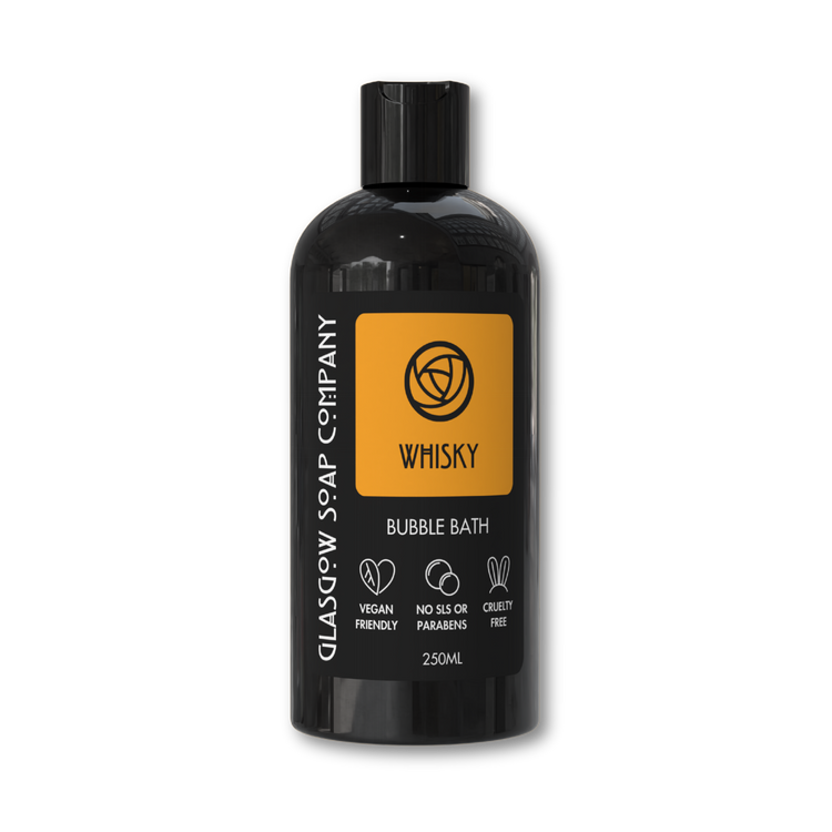 Black bottle of Glasgow Soap Company whisky bubble bath on a white background