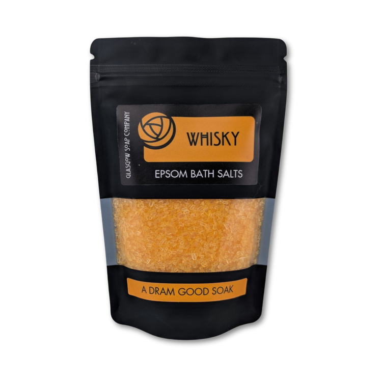 Packaged Epsom bath salts with 'Whisky' fragrance on a white background