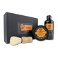 whisky scented Grooming gift set with shaving brush, solid shaving soap, and shower gel