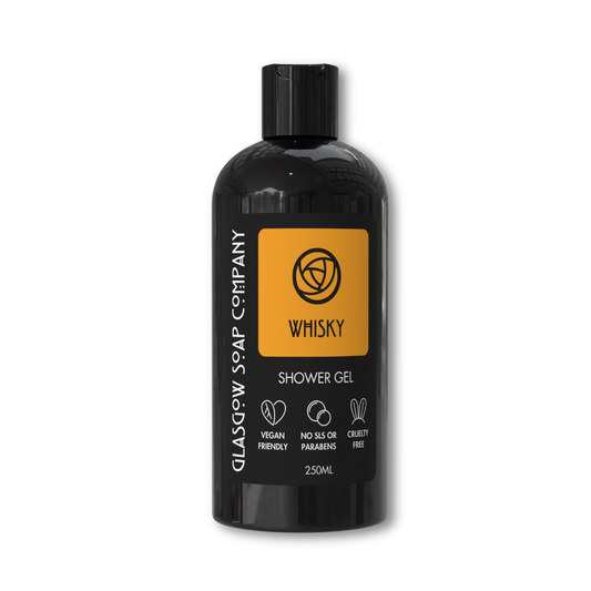 Bottle of Glasgow Soap Company Whisky Shower Gel on a white background