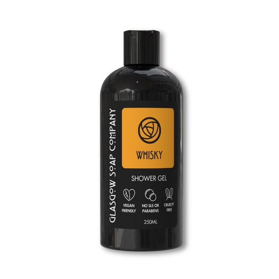 Bottle of Glasgow Soap Company Whisky Shower Gel on a white background