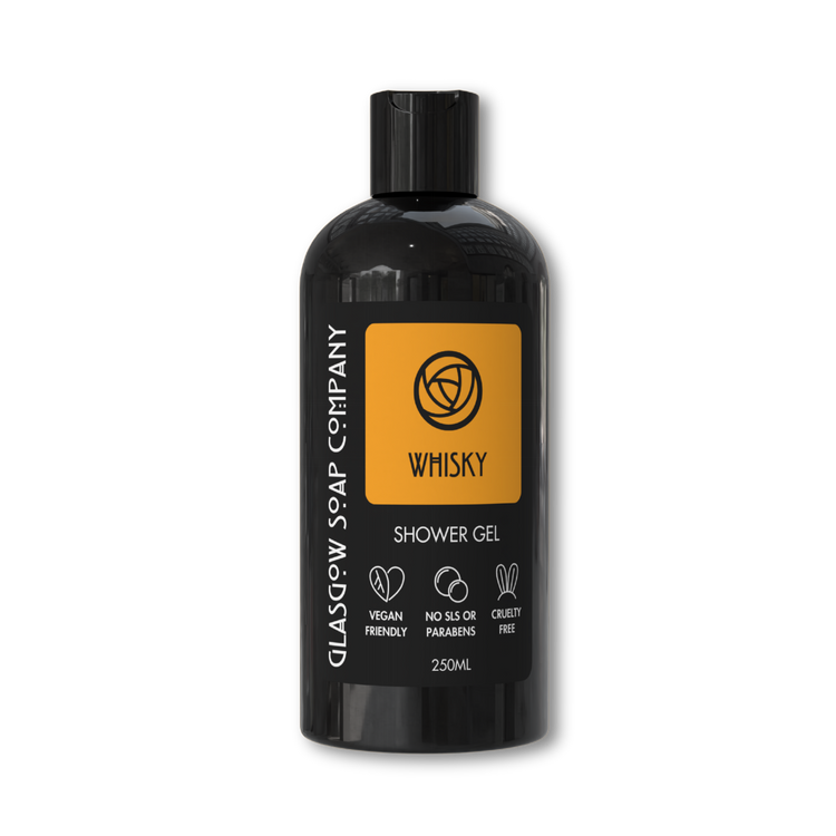 Bottle of Glasgow Soap Company Whisky Shower Gel on a white background