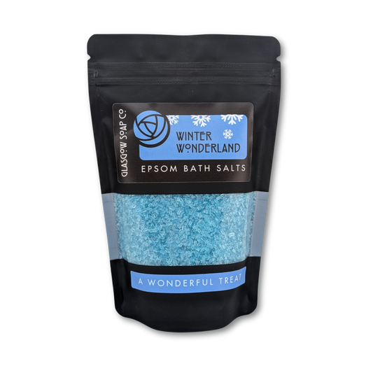 Bag of Epsom bath salts with 'Winter Wonderland' label on a white background
