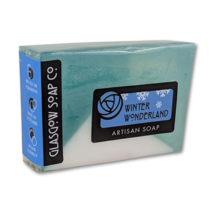 Artisan soap bar with 'Winter Wonderland' label and 'Glasgow Soap Co.' branding on a white background.